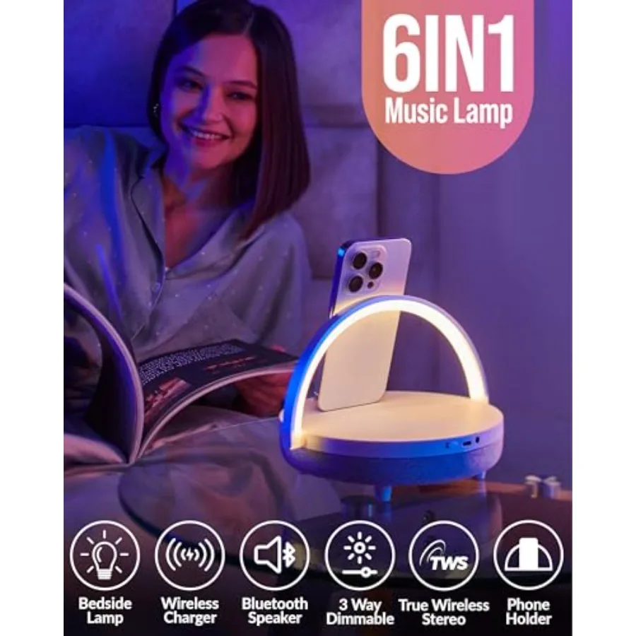 Bedlampje met draadloze oplader Verjaardagscadeaus voor vrouwen 6-in-1 Touch-bedlampje Draagbare Bluetooth-luidspreker Cadeau voor haar M