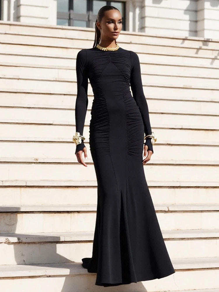 Kliou Herbst Neue Stil Lange Kleid Frau Casual Mode oansatz Volle Hülse Dünne Stretch Straße Einfache Elegante Stil Vestidos