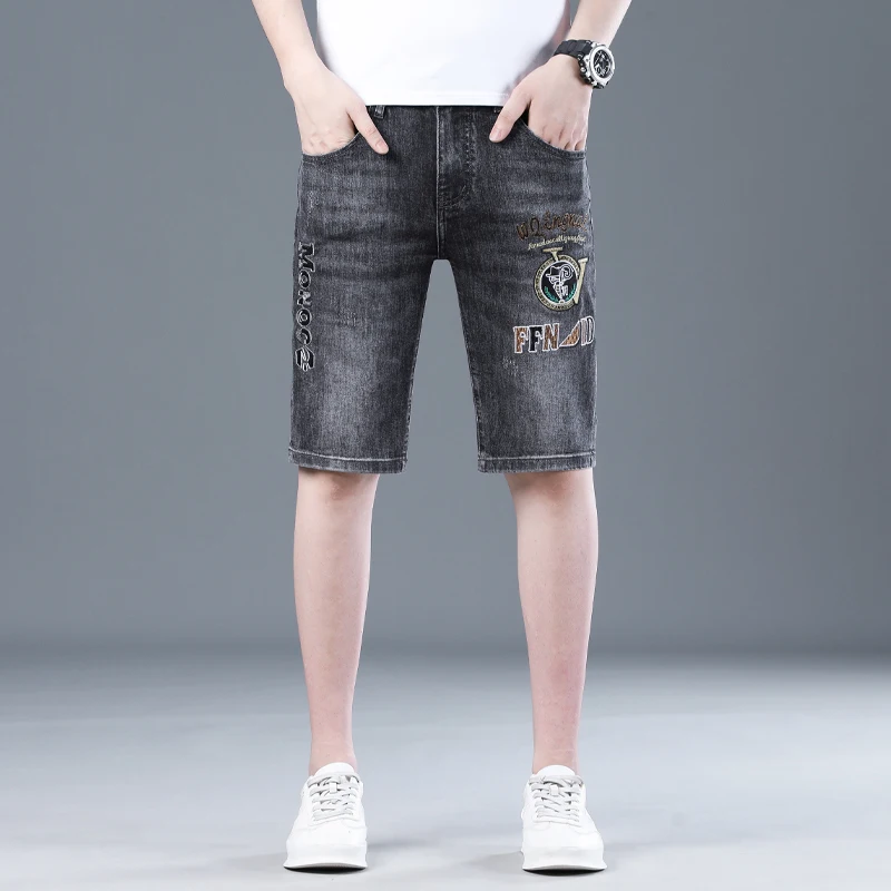 

Элитные мужские джинсы с вышивкой, летние, тонкие, модные, брендовые, Haome, укороченные, облегающие, эластичные, длиной до колена