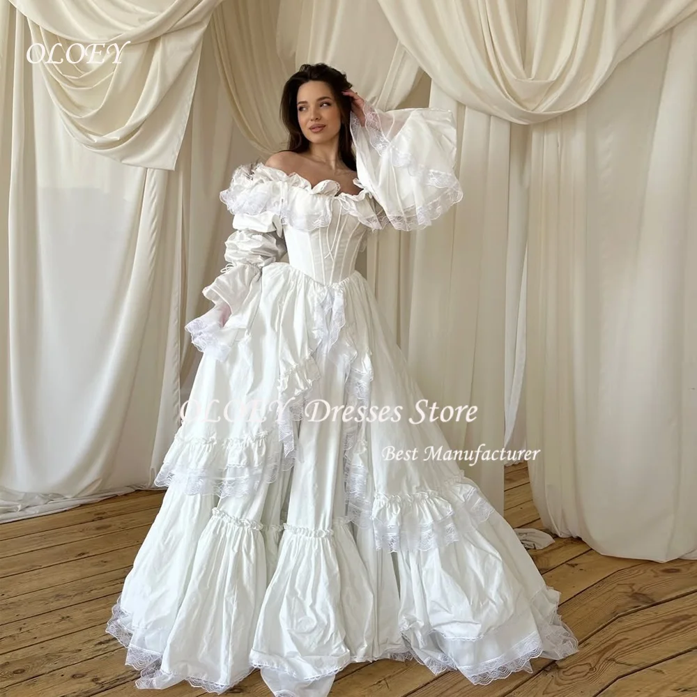 OLOEY 2026 Weißes Elegantes Schulterfreies Maßgeschneidertes Hochzeitskleid mit Langen Ärmeln und Schnürung am Rücken, A-Linien-Brautkleid