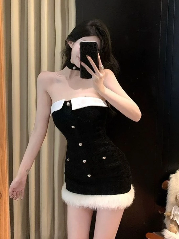 Chiristmas vermelho sexy sem alças vestido de festa feminino inverno doce camada bodycon mini vestidos gola de pele moda fora do ombro outfits