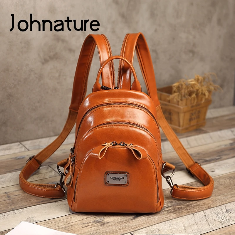 

Johnature Retro Small Women Bag 2024 New High Quality Oil Wax Pu Leather Backpack Fashion Multi-compartment Zipper Backpacks