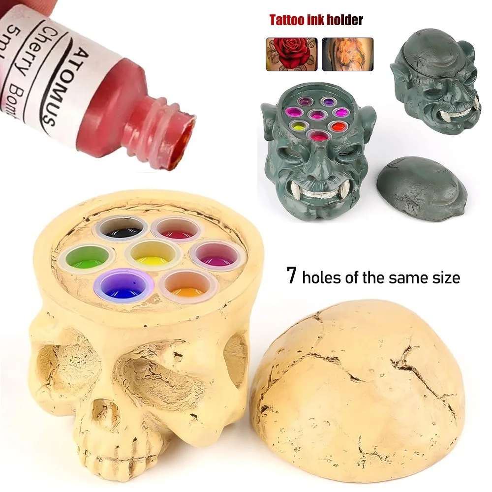 Skull Tattoo Ink Cup Holder Devil Vampire Horror Tattoo Pigment Container Holder Resin Makeup Pen Holder Stand Tattoo Accessory