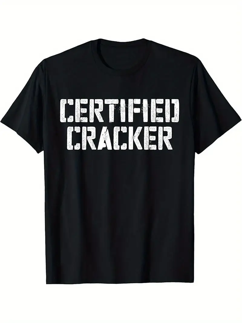 Certified Cracker Men's Plus Size Black Short Sleeve T-Shirt Round Neck Design With Bold White Distressed Letters Everyday Wear