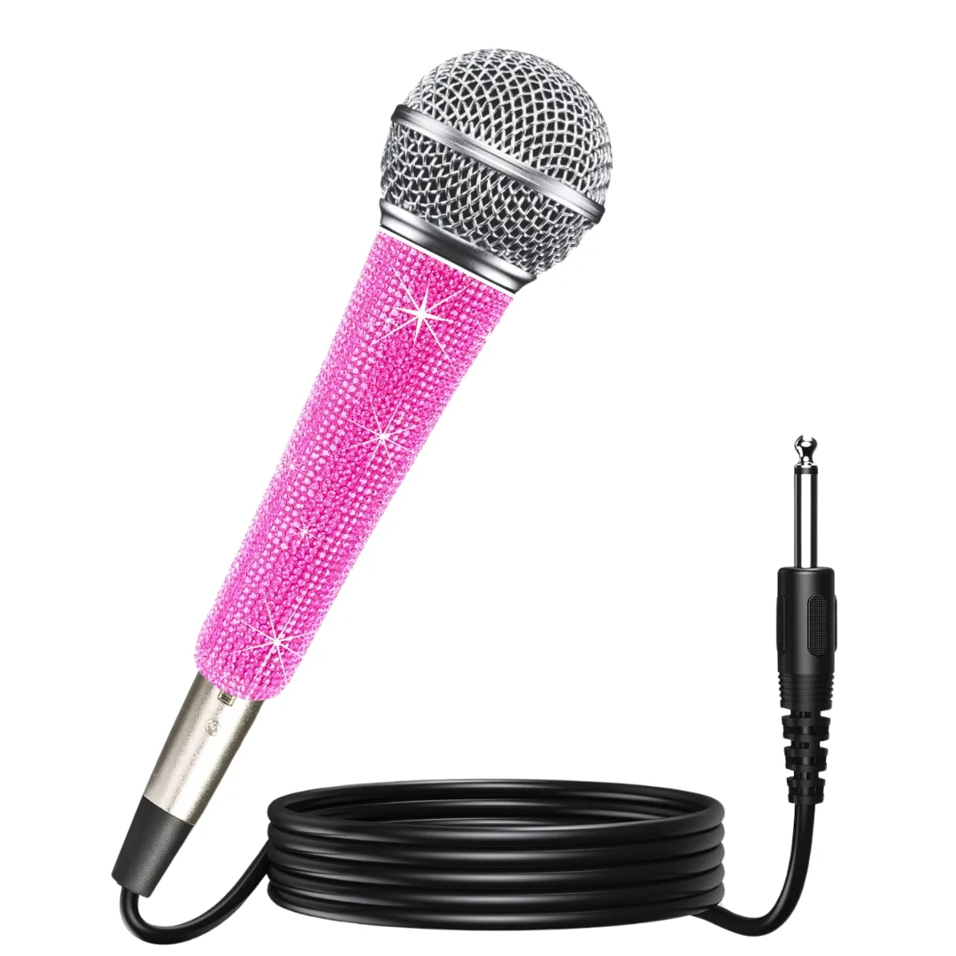 

Professional Bling Pink Karaoke Microphone - Dynamic Vocal Mic with XLR Cable, Metal Body, Sparkle Handle for Singing, Parties