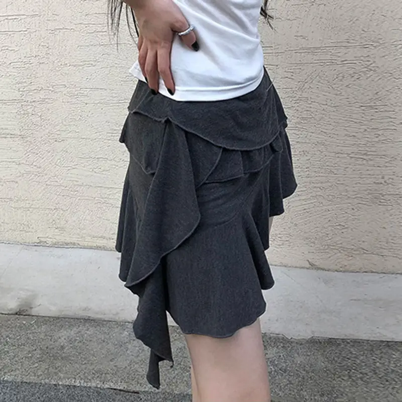 Short Skirt Irregular Ruffle Vintage High Waist Summer Black Asymmetric Apricot Skirt Women'S Dark Grey Streetwear Skirt