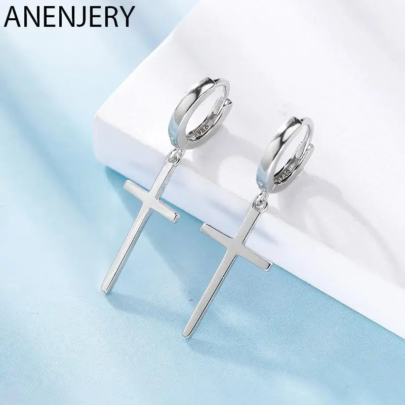 ANENJERY Silver Color Cross Pendant Hoop Earring Personality Hypoallergenic Ear Jewelry For Women Men Couple Gifts S-E1102