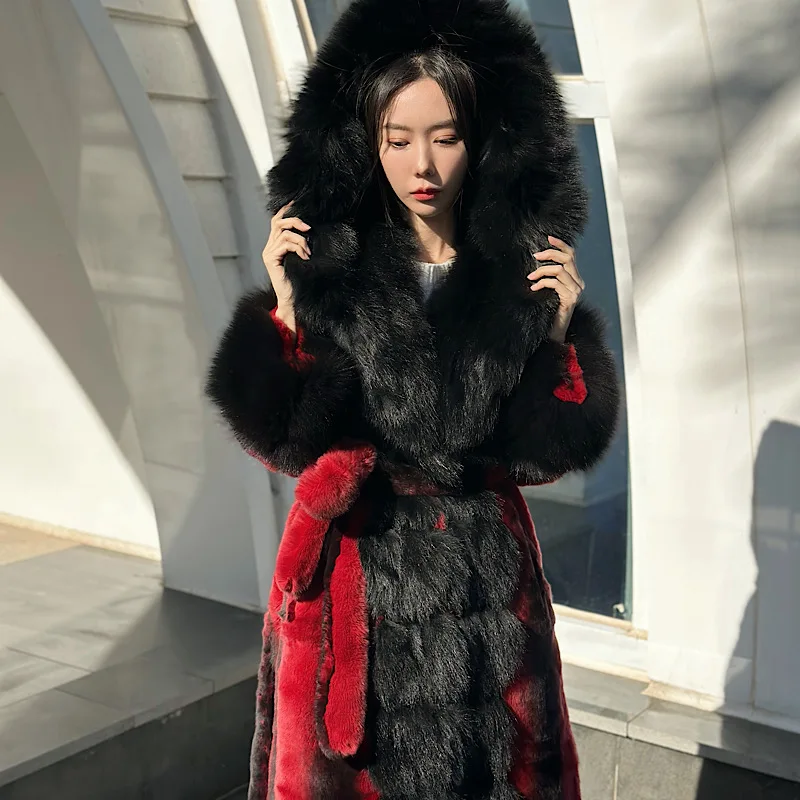 Abrigos de piel auténtica de conejo Rex para mujer, Chaqueta larga con capucha de zorro Natural, a la moda, invierno, 2023