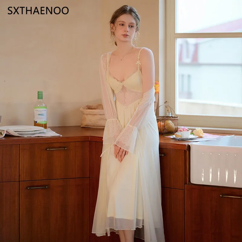 SXTHAENOO French Pajamas Sexy Outer Wearing Spring and Autumn Home Clothes Pure Desire 2024 Two-Piece Ice Silk Nightgown Women