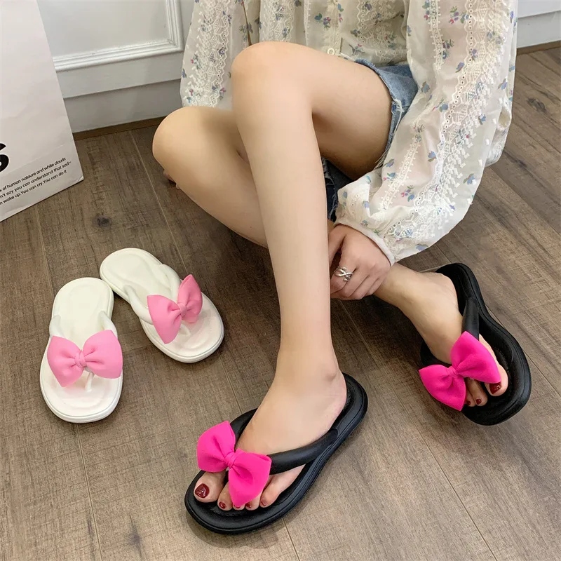 2024 New Women's Bowknot Slippers Adult Sweet Non-Slip Bow Flip Flops Girls Soft Candy Color Fashion Flat Slides Indoor Sandals