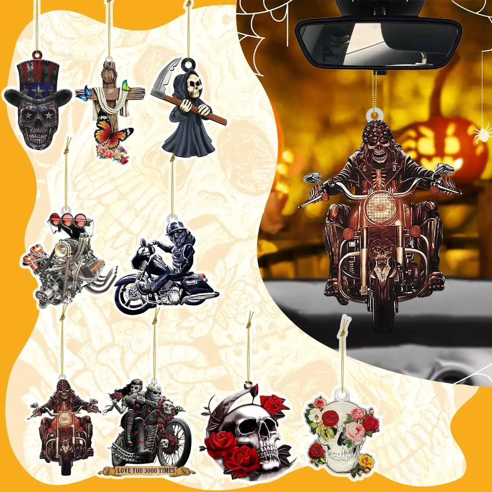 2D acrilico Horror Car Ornament Car specchietto retrovisore appeso ciondolo teschio Motor Decor Car Charm Hanger accessori interni