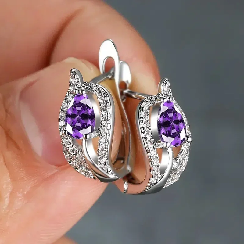 Charming Purple/Multicolored CZ Hoop Earrings for Women Temperament Design Elegant Female Ear Accessories Wedding Jewelry