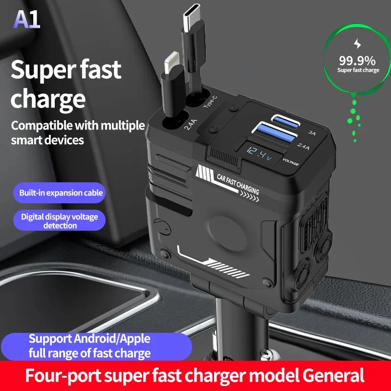 

4 IN 1 Retractable Car Charger USB Type C Cable For IPhone Fast Charge Cord Cigarette Lighter Adapter