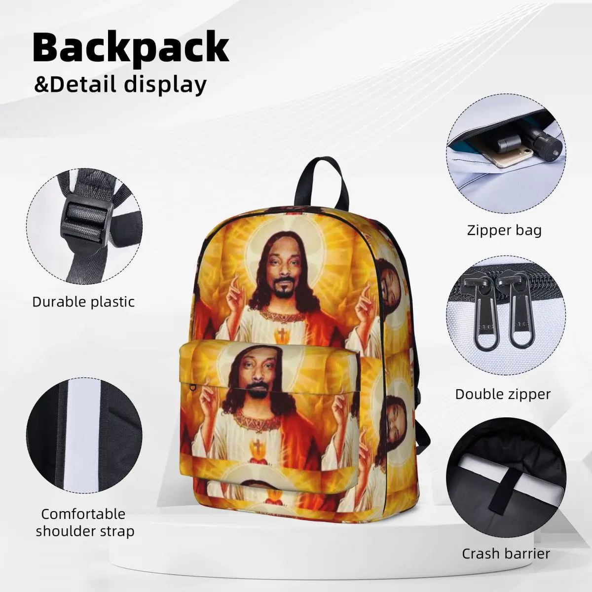 Snoop Dogg Goes Jesus Sacs à dos pour étudiants, sac de livre initié, sac à dos pour ordinateur portable, sac à dos de voyage étanche, sac d'école pour enfants