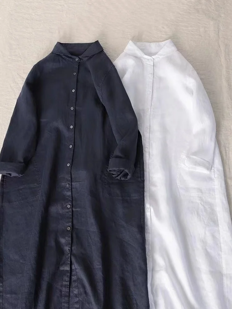 

Художественное льняное хлопковое платье для женщин, весна 2026, свободное, с длинным рукавом, миди, повседневное, модное, удобное, классическое, с отложным воротником.