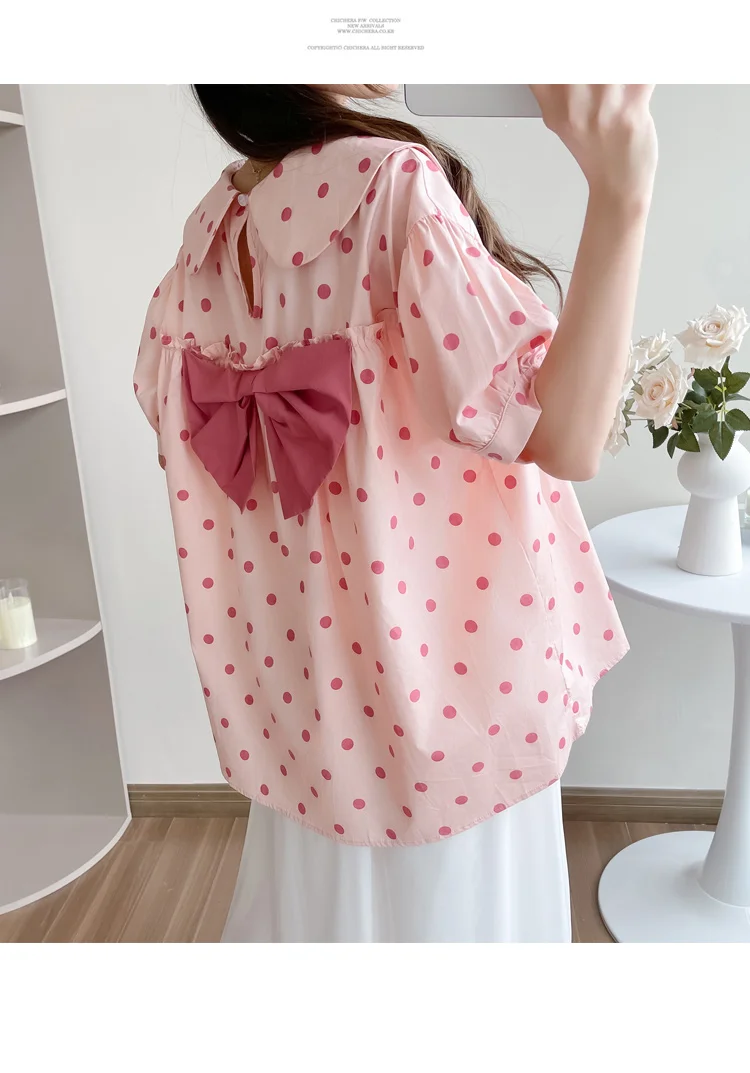 2024 Pregnant Women\'s Summer Polka Dot Blouses Sweet Doll Collar Maternity Blouses With Large Bowknot Lovely Pregnancy Tops Tees