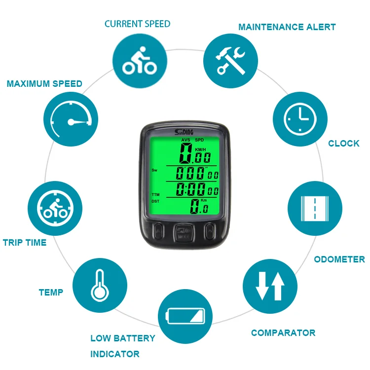 Velocímetro impermeável com fio bicicleta, cronômetro do computador, odômetro, tela LCD, luz de fundo, auto claro Sunding