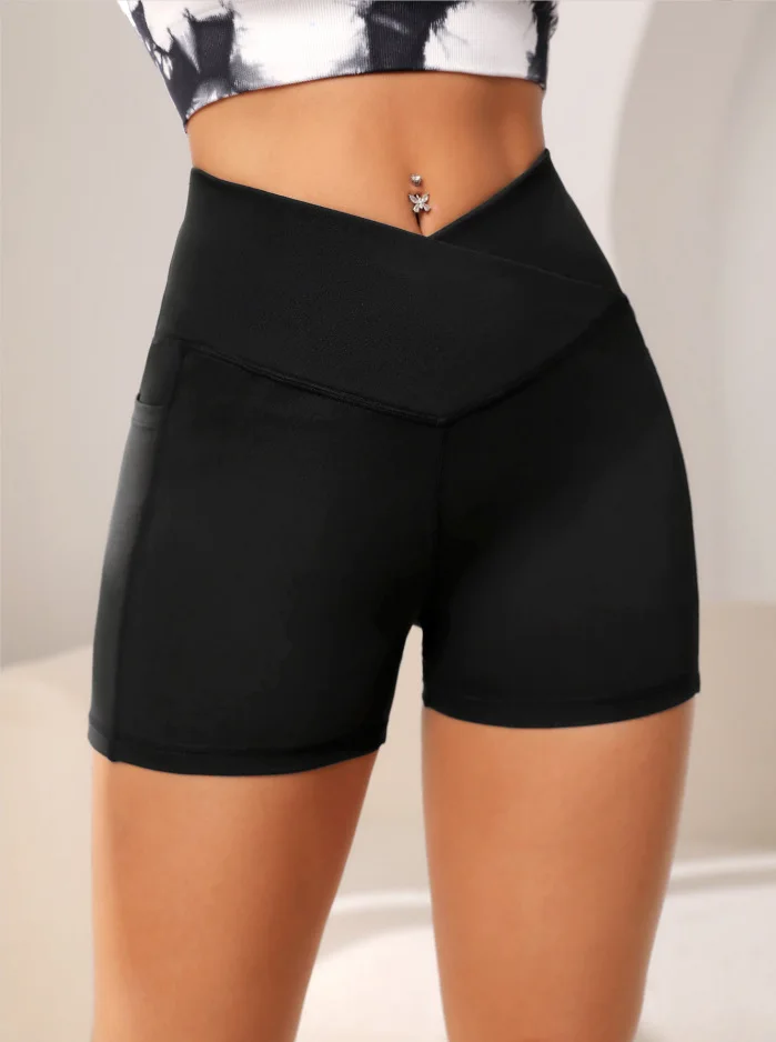 Women High Waist Yoga Sport Biker Shorts for Fitness Cross Waist Pocket Yoga Pant - Image 5