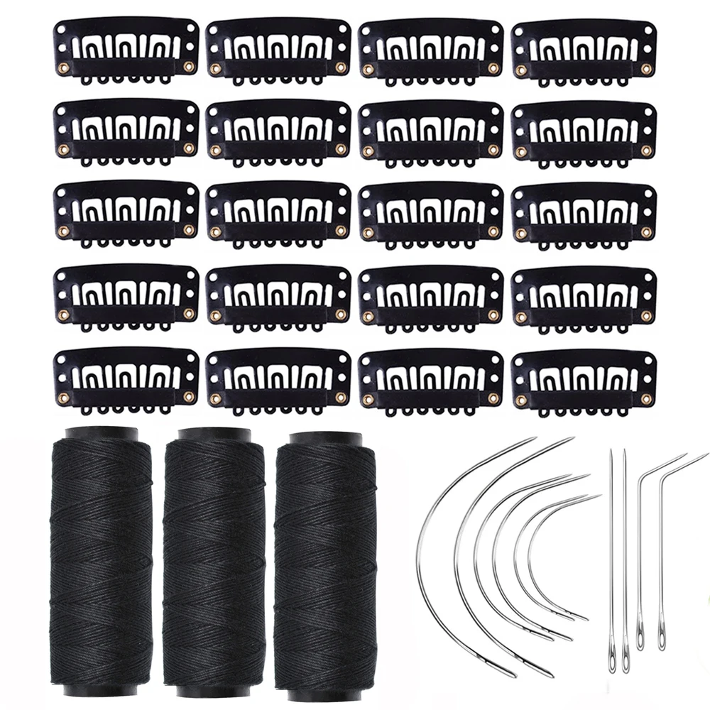 

20pcs U-Shape Stainless Steel Snap Hair Clips Extensions for Wigs with 10 Assorted Sewing Needles And 3/5 Threads