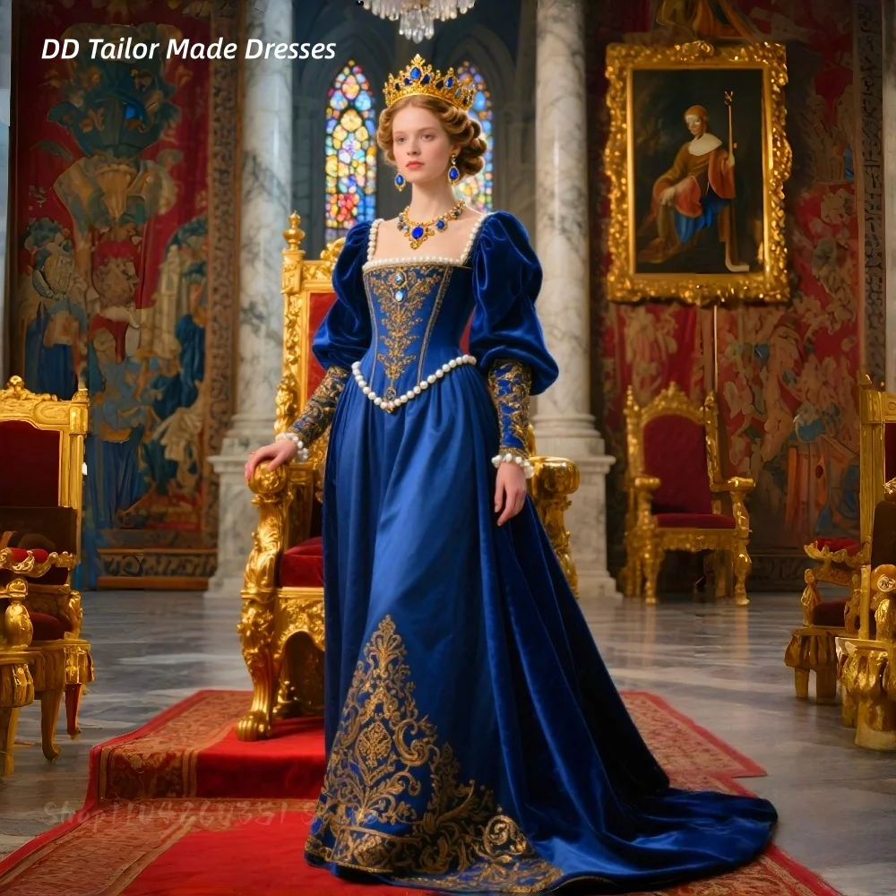 Vestido de baile barroco medieval, azul real, fantasia de baile, gola quadrada, mangas compridas, princesa, período, vestidos de noite personalizados