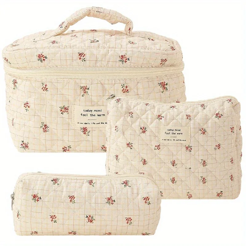 3Pcs Cotton Quilted Makeup Bag Coquette Makeup Bag Large Travel Cosmetic Bag Aesthetic Cute Kawaii Floral Makeup Bag Toiletry Ba