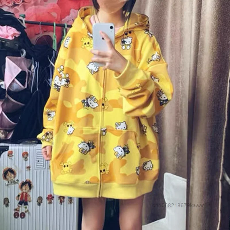 Sanrio Hello Kitty Cute Full Print Yellow Hooded Sweatshirt Women Spring Autumn Fashion Loose Hoodies Japanese Style Kawaii Coat