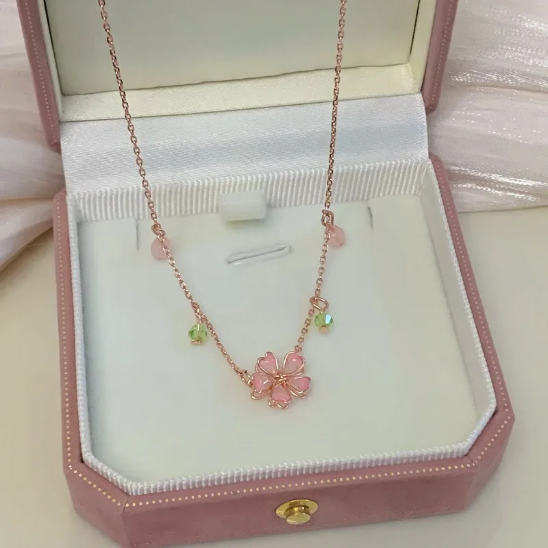 Romantic Charm Pink Cherry Blossom Pendent For Women Korea Japan Zircon Flower Necklace Clavicle Chain Party Jewelry Choker Gift