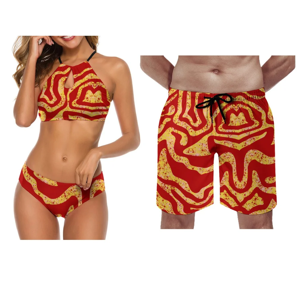 Zomer Aan Zee Bikini Uitgesneden Temperament Ontwerp Bikini Polynesische Kunst Print Mannen Strandbroek Paar Badpak Set 2024 Nieuw