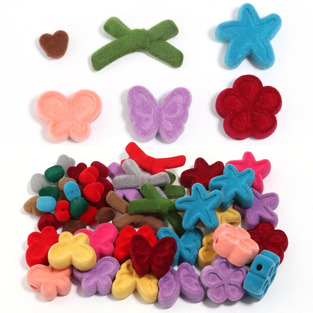 10pcs/lot Flocking Velvet Acrylic Beads Heart Butterfly Flower Shape Loose Beads For DIY Charm Phone Chains Bracelet Accessories