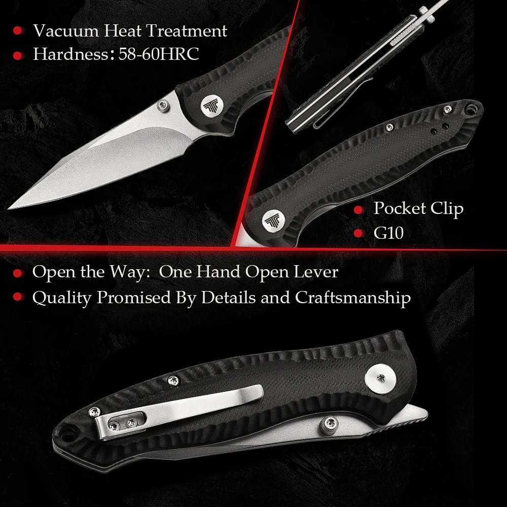 TRIVISA Pocket Knife for Men，Flipper Folding EDC Knives with Clip，3“ Camping 14C28N Stonewash Blade and G10 Hanlde Tools