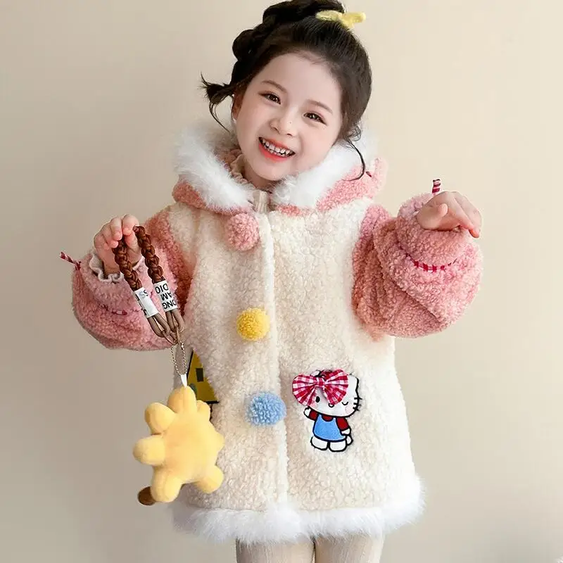 

Популярное утепленное пальто Sanrio Hello Kitty, зимняя куртка для девочек, топы, толстовка с капюшоном, детская кавайная аниме-мультяшная мода, новый стиль, повседневная одежда