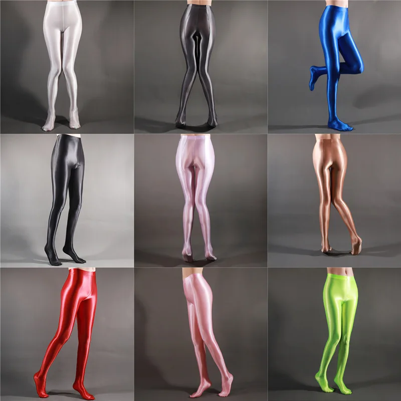 Zipper crotch glossy satin silk women high waist tights leggings pantyhose Fitness see through sports yoga pants