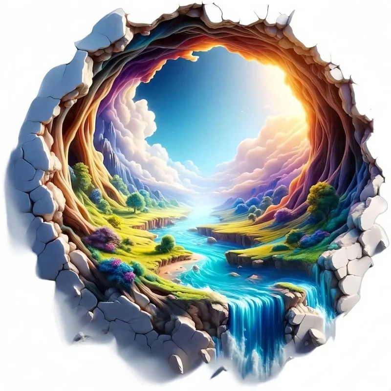 Green Mountain Wall Hole Art Waterfall with Flowing Water PVC Mural Stickers on the Door for Home Decoration Aesthetic Room Cars