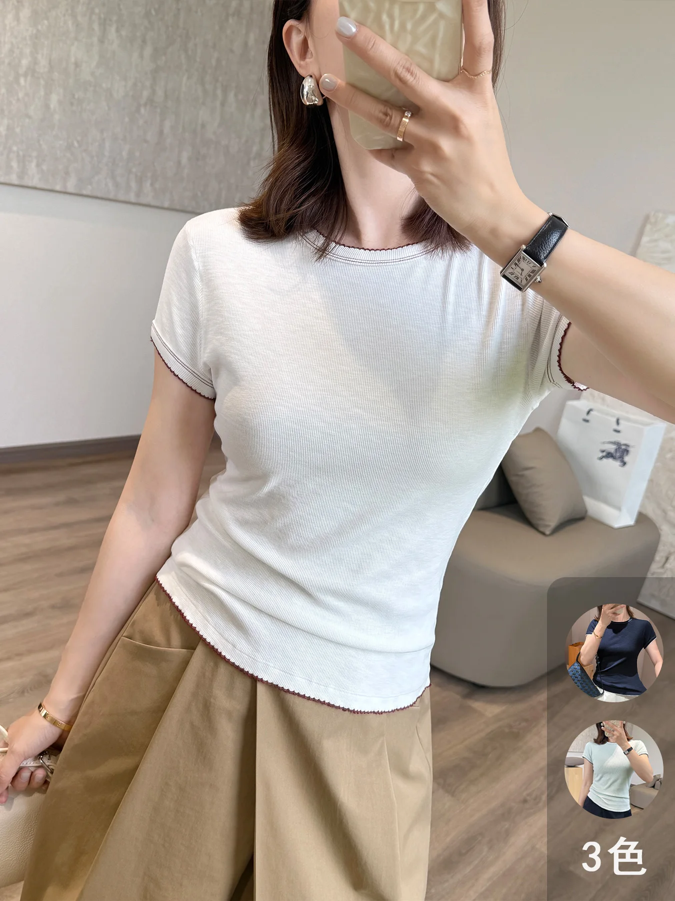 

Футболка LiangxiaoLiang Miu Series с коротким рукавом, вышивкой, приталенная, летняя, повседневная, из смесового хлопка, удобная, с круглым вырезом