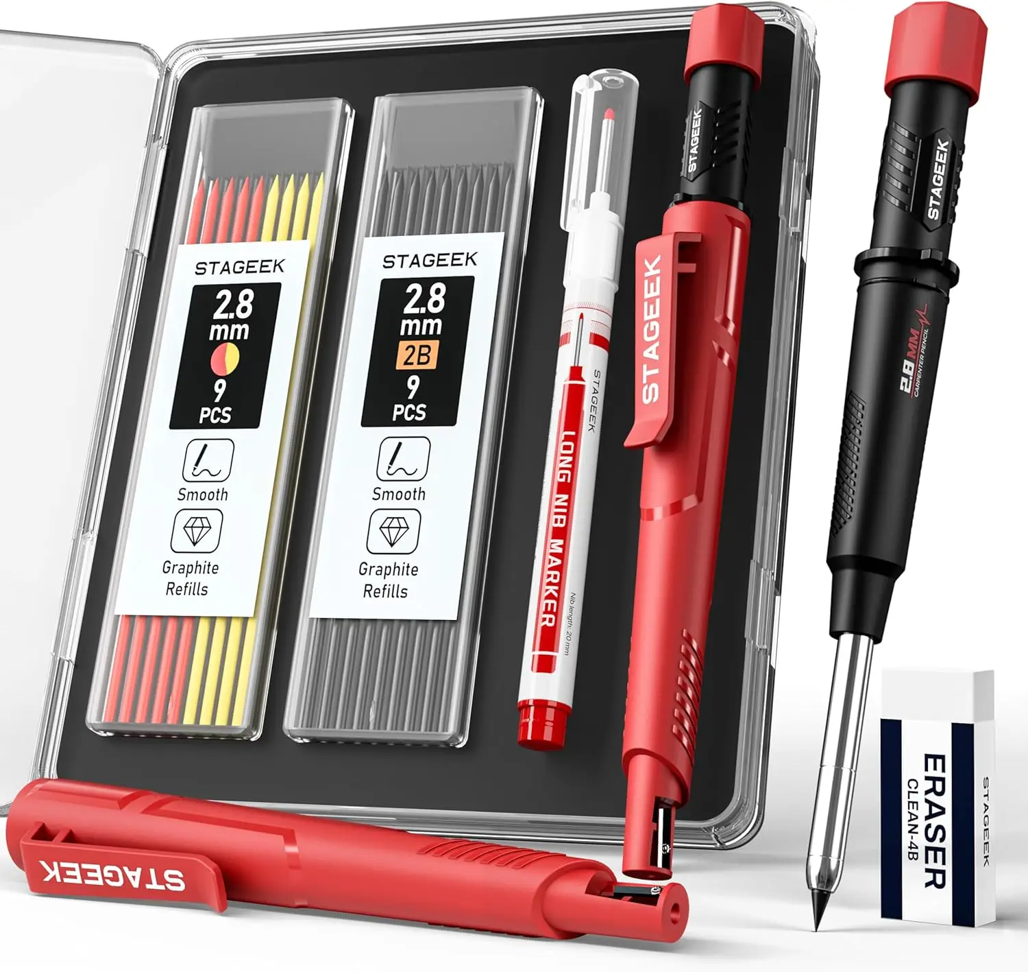

Mechanical Carpenter Pencil with Sharpener, 19 Refills, Long Nib Marker, Heavy Duty Woodworking Tools for Architect Marking