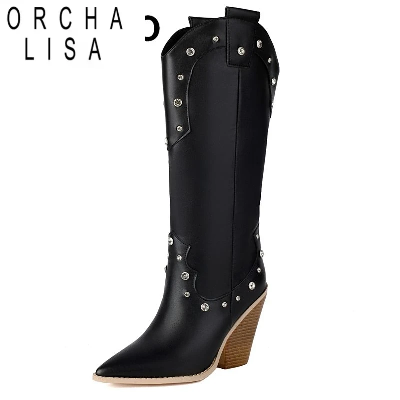 

ORCHA LISA Модные сапоги до колена с острым носком на массивном каблуке 9,5 см без шнуровки с кристаллами плюс размер 46 47 48 Сексуальные ботильоны в стиле вестерн для свиданий