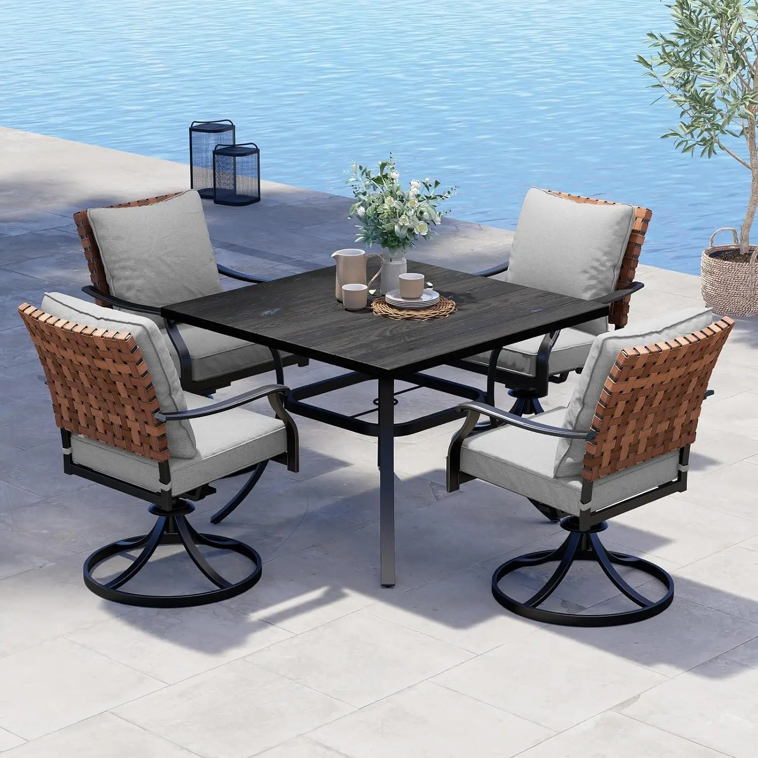 5-Piece Outdoor Dining Set 4 Leather-Look Wicker Swivel Patio Chairs & 1 Square Dining Table