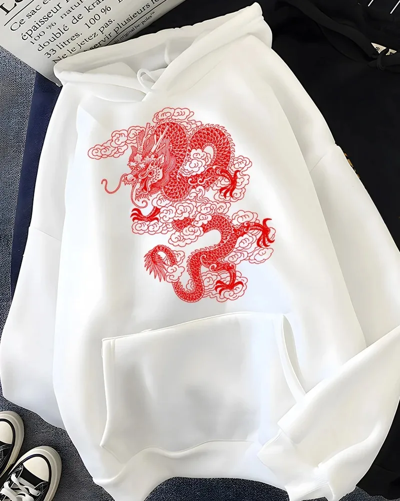 

Women Oversized Sportwear Female Sweatshirt Streetwear Fleece Ladies Clothes Hirsionsan Vintage Dragon Graphic Print Hoodies