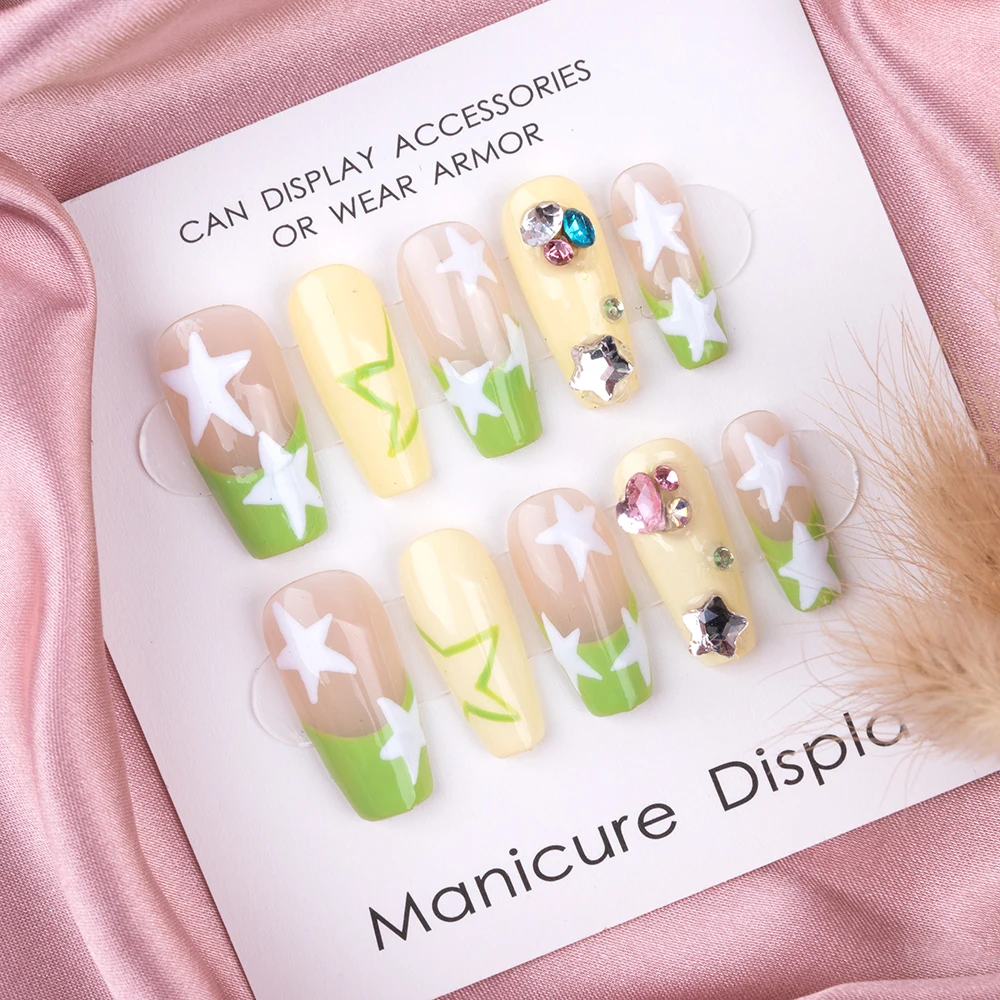 Pentagram Star Gyaru Fake Nails For Girls Long Coffin Short Manicure Art Reusable Adhesive Tips Wear Press On Nails Stickers