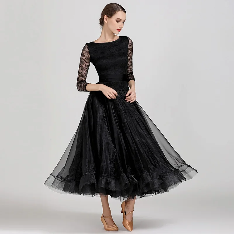 Black Lake Blue Ballroom Dance Dress Lace Standard Women Competition Modern Dancewear Costume Big Swing Waltz Practice Clothes