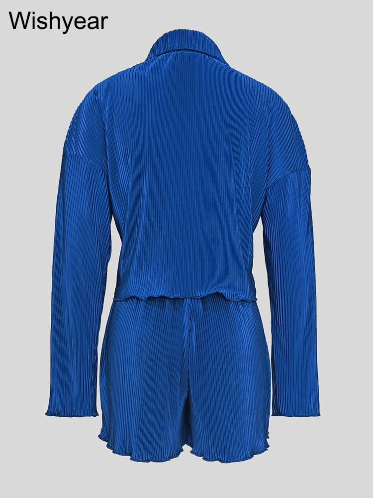 Fashion Ripped Pleated Two 2 Pieces Pants Set Women Blue Full Sleeve Shirt and Shorts Suit Street Tracksuit Casual Beach Outfit