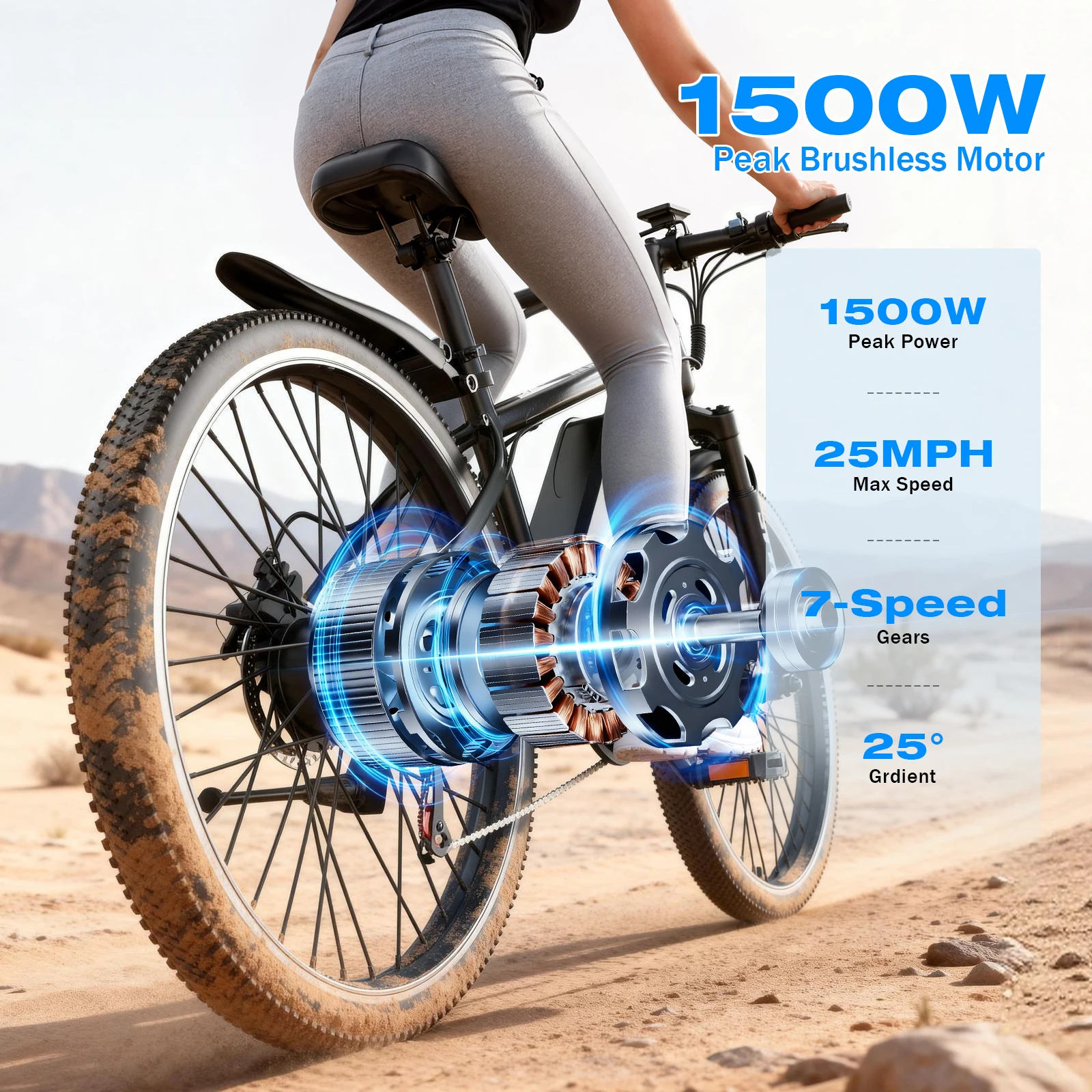 ASKGO Adult Mountain Electric Bike, 1500W Peak Motor, 25MPH Max Speed, Max 30° Climbing Capacity, 55 Miles Range, 7-Speed Gearshift, 48V 10.4Ah Removable Battery, 26
