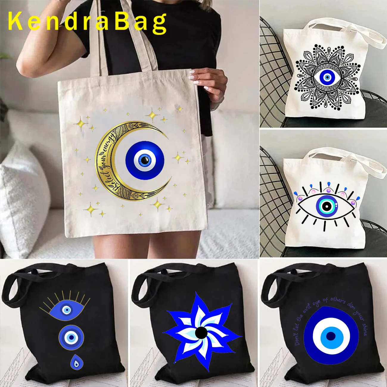 Colorful Mati Blue Evil Eye Moon Mandala Flower Masallah Nazar Women's Canvas Shoulder Tote Bag Harajuku Shopper Cotton Handbags