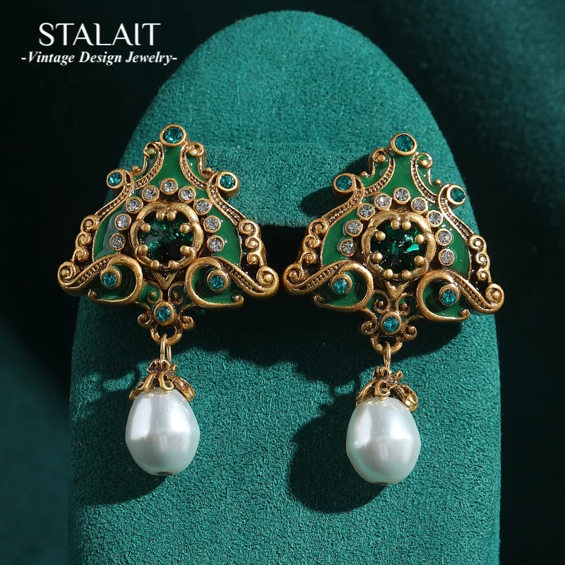 

Vintage Pearl Pendant Earrings Triangle Green Flame Enamel Freshwater Wedding Accessories For Women Luxury Jewelry Trends 2025