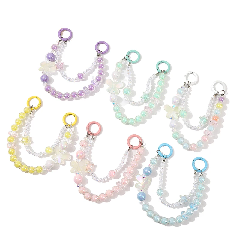 Double Korean Fashion Butterfly Phone Charm Colours Beaded Chain For Phone Cute Mobile Phone Straps Chain Bag Pendant