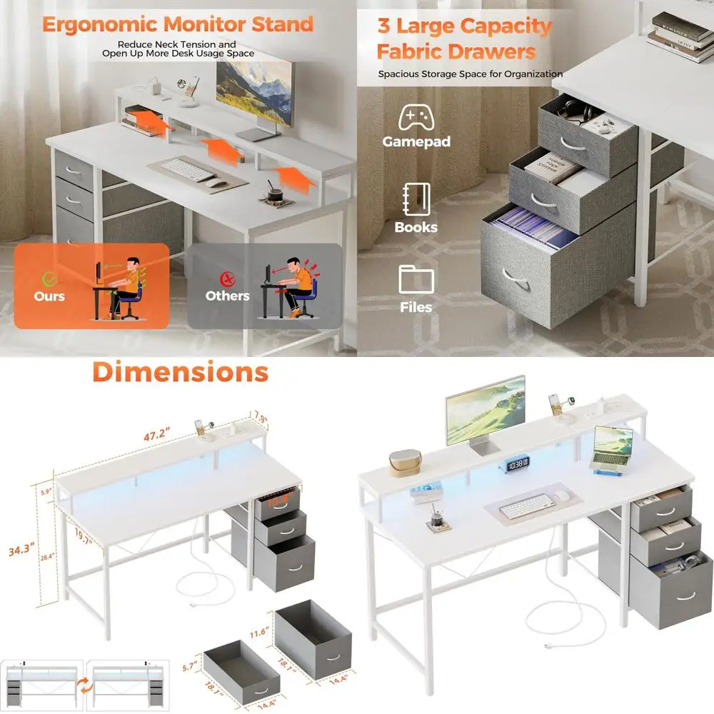 

48 White Gaming Desk with 3 Drawers, Power Outlets, LED Lights, and Monitor Stand for Compact Spaces