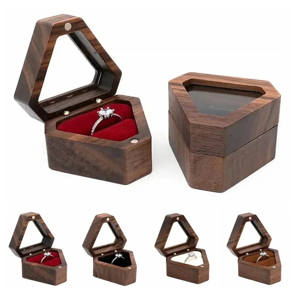 

Роскошная деревянная коробка для обручальных колец с одним отделением, треугольная, для хранения ювелирных изделий, с бархатным покрытием