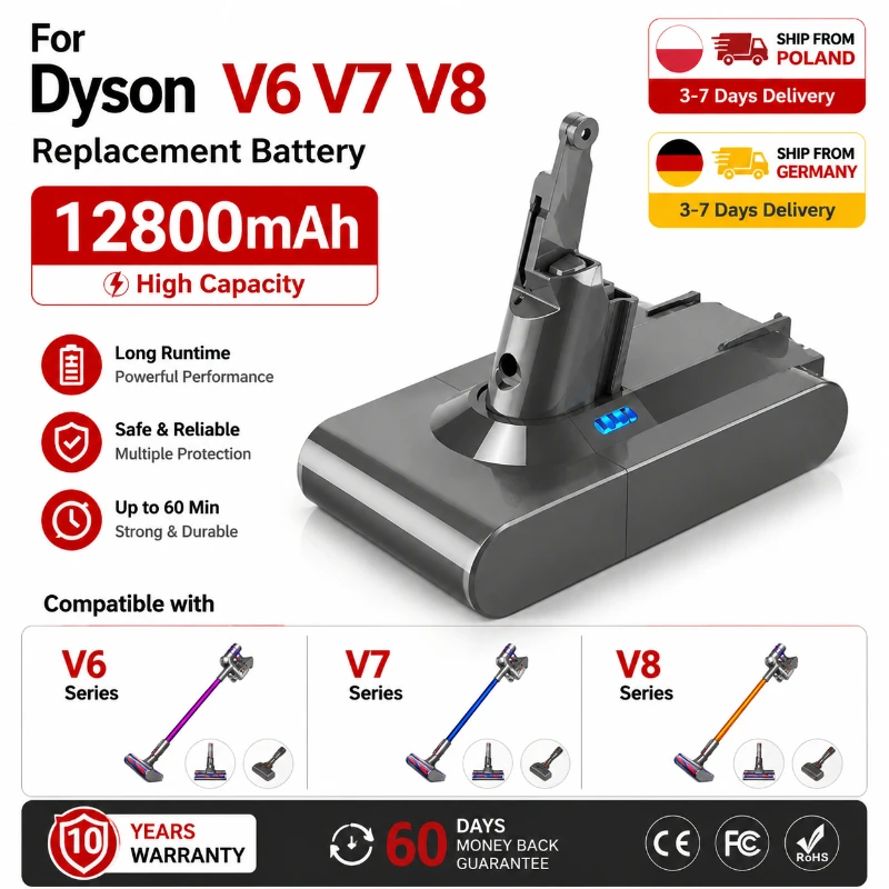 Hochleistungs-Akku für Dyson V6 V7 V8 V10 V11, 4800mAh 6000mAh 9800mAh 12800mAh wiederaufladbarer Li-Ionen-Ersatzakku für kabellose Staubsauger, kompatibel mit SV03 SV10 SV11 SV12 SV14 SV15 DC31A