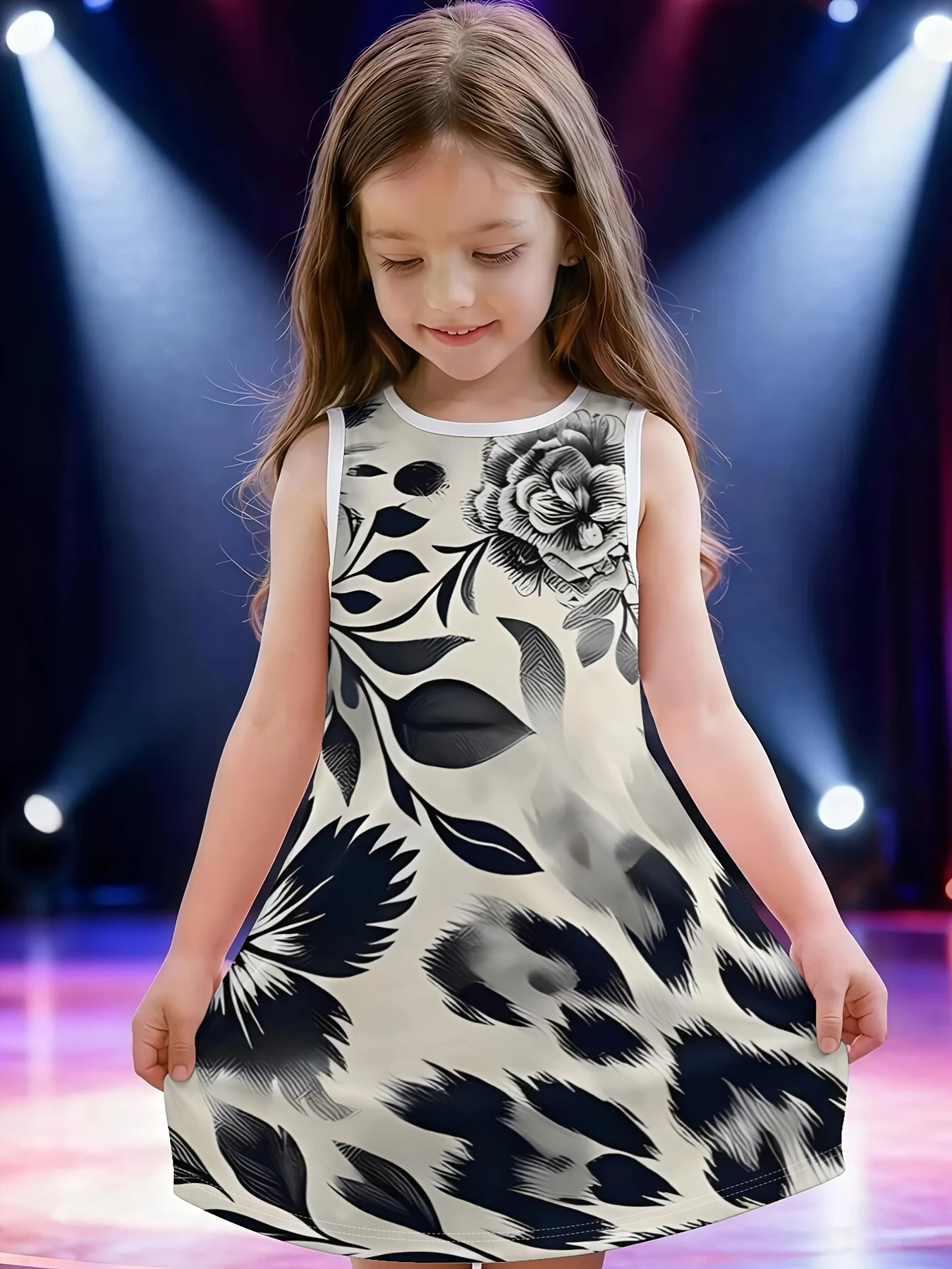 Child Sleeveless Shift Dress Black‑Off‑White Retro Bloom Leaf Print Contrast Trim Casual Summer Outfit for Kids Party Wear