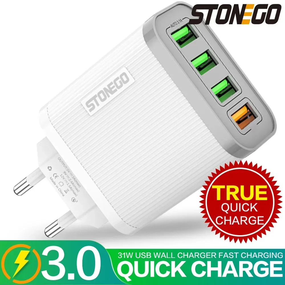 STONEGO 31W Travel Charger Adapter 4-Port USB Wall Charger QC 3.0 Fast Charging Phone Accessories for Smartphones EU US Plug